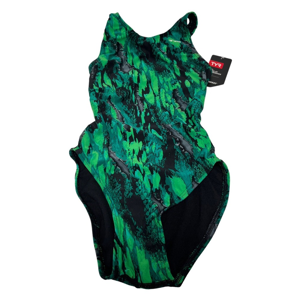 TYR One Piece Swimsuit women's Size 28 GREEN BLACK NEW NWT DIAMOND FIT JUNGLE